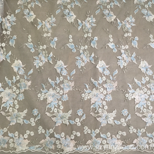 Sky Blue handmade Embroidery Flower Design Fabric